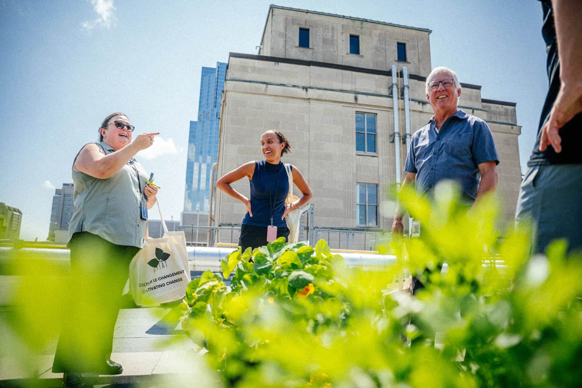 Tenants touring a rooftop farm with a MicroHabitat farmer