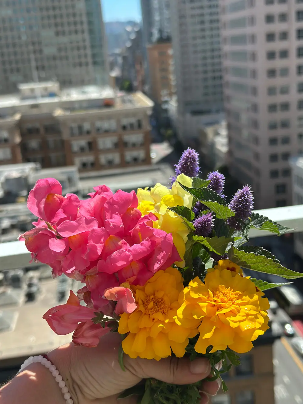 A hand holds a colorful bouquet of flowers above a city skyline.