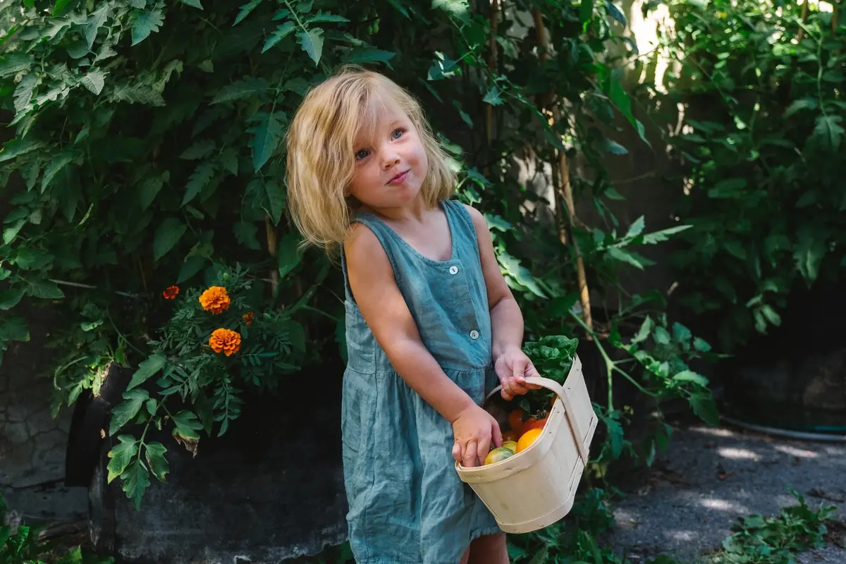 A young girl in a blue dress carries a basket of vegetables beside marigolds