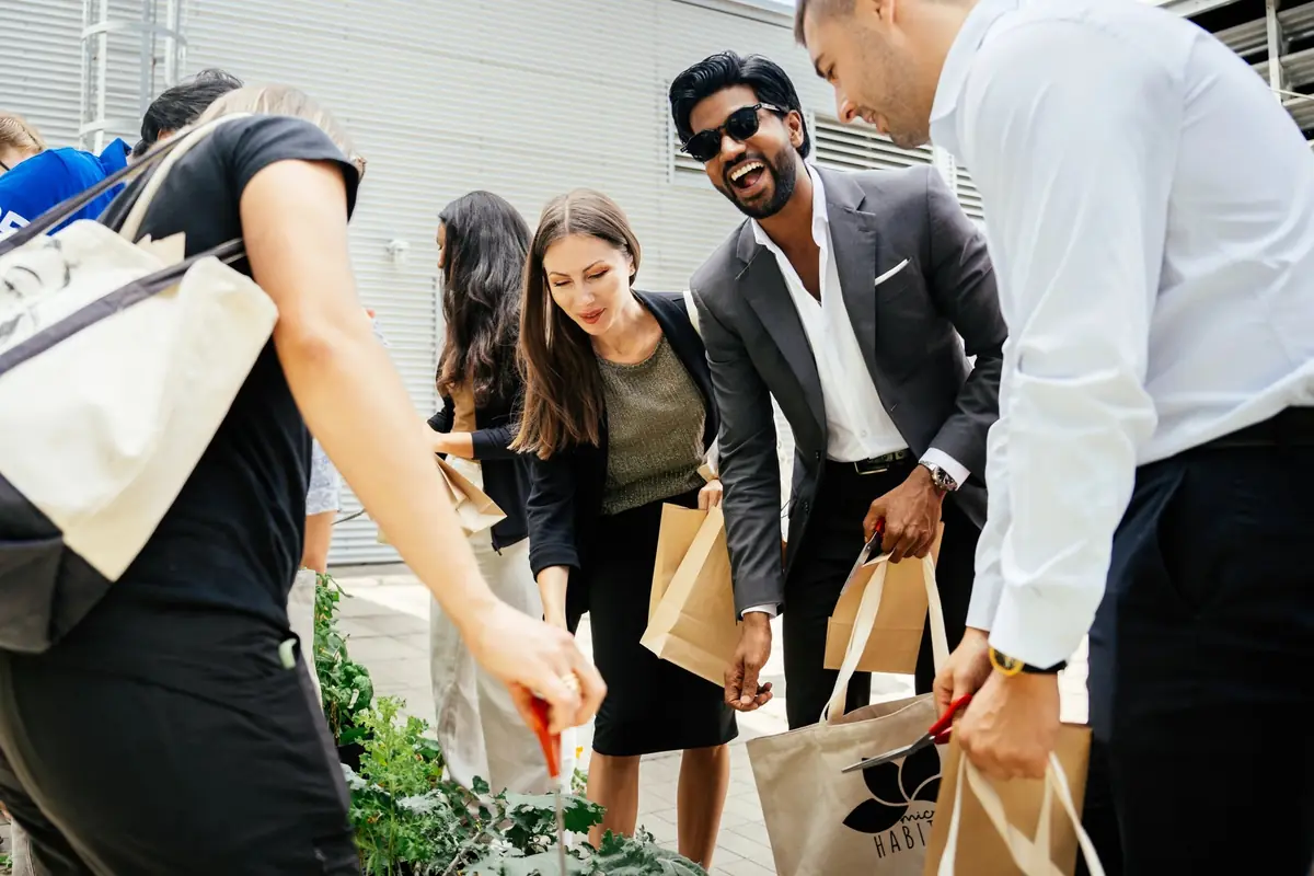 Office workers with tote bags pick vegetables together on a rooftop