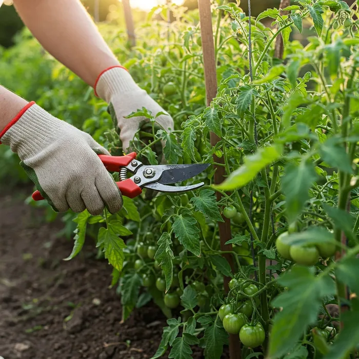 Mano con guanto che pota una pianta di pomodoro con le cesoie durante la manutenzione di un orto
